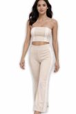 Beige Strapless Cropped Top With Side Striped Flare Trouser