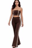 Brown Strapless Cropped Top With Side Striped Flare Trouser