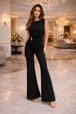 Elegant Sleeveless Draped Top With Wide Leg Trouser