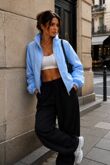 Sky Blue Balloon Sleeve Lined Zip Windbreaker Jacket
