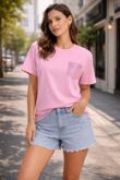Short Sleeve Crew Neck pink glitter Pocket Design Top