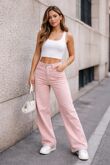 Pink High Waist Super Stretch Front Seam Casual Wide Leg Jean