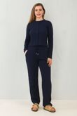 Navy Ribbed Molly Button Through Top and Wide Leg Trousers