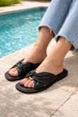 Black Gold Link Flat Mules Pu Knotted Slide Sandals