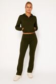 Khaki Cropped Zipped Hoodie With Bell Bottom Trouser