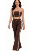 Brown Strapless Cropped Printed Top With Side Striped Flare Trouser