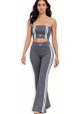 Grey Strapless Cropped Printed Top With Side Striped Flare Trouser