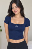 Navy Cropped Square Neck Fitted Printed Top