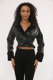 Faux Leather Cropped Belted Jacket With Fur Collar And Cuffs
