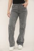 Grey Wide Leg Distressed Cross Patch Denim Jeans