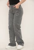 Grey Wide Leg Distressed Cross Patch Denim Jeans
