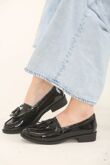 Black Patent Slip On Fringe Tassel Loafer