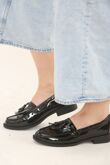 Black Patent Slip On Fringe Tassel Loafer