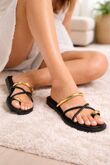 Black Pu Gold Metal Detail Strappy Flat Sandals Summer Slides