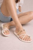Cream Pu Gold Metal Detail Strappy Flat Sandals Summer Slides