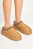 Chestnut Embroidered Fluffy Platform Detail Faux Fur Lined Boots