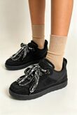 Black Suede Faux Fur Lined Lace-up Low Top Trainers