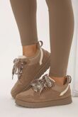 Camel Suede Faux Fur Lined Lace-up Low Top Trainers