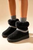 Black Suede Faux Fur Lined Aztec Trim Ankle Boots