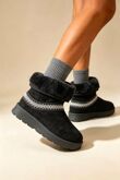 Black Suede Faux Fur Lined Aztec Trim Ankle Boots