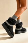 Black Suede Faux Fur Lined Aztec Trim Ankle Boots
