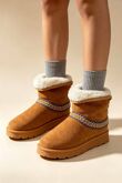Chestnut Suede Faux Fur Lined Aztec Trim Ankle Boots