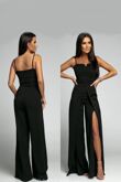 Black Front Slit Wide Leg Jumpsuit With Spaghetti Straps