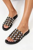 Black PU Studded Caged Flat Slider Sandals