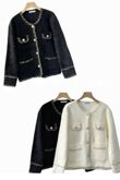 Contrast Long Sleeve Pearl Button Knitted Cardigan