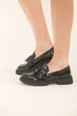 Black Patent Slip on Chunky Flatform Loafer Shoes with Tassel
