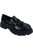 Black Patent Slip on Chunky Flatform Loafer Shoes with Tassel