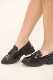 Black Patent Slip on Chunky Flatform Loafer Shoes with Tassel