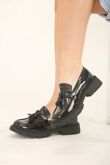 Black Patent Slip on Chunky Flatform Loafer Shoes with Tassel