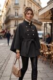  Belted Cape Coat with High Neck and Button Detail