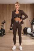 Brown Banded Waist Printed Three Piece Gym Set