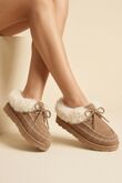 Black Faux Fur Trim Stitch Detail Moccasin Slippers