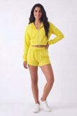 Yellow Contrast Piping Printed Zip Up Hoodie With Short Set