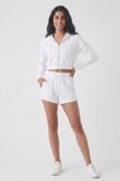 White Contrast Piping Printed Zip Up Hoodie With Short Set