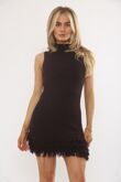 Chocolate Elegant High Neck Knitted Frill Hem Dress