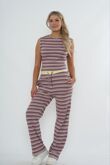 Wine Contrast Sleeveless Striped Top  And Relaxed Trouser