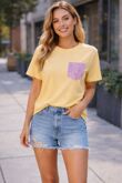 Short Sleeve Crew Neck pink glitter Pocket Design Top