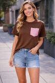 Short Sleeve Crew Neck pink glitter Pocket Design Top