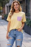 Short Sleeve Crew Neck pink glitter Pocket Design Top