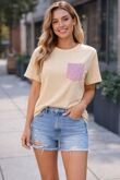 Short Sleeve Crew Neck pink glitter Pocket Design Top