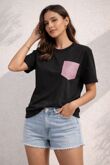 Short Sleeve Crew Neck pink glitter Pocket Design Top
