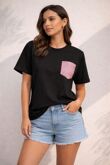 Short Sleeve Crew Neck pink glitter Pocket Design Top