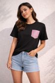 Short Sleeve Crew Neck pink glitter Pocket Design Top