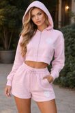 Pink Cropped Zipped Embroidered Hoodie And Short Co-Ords Set