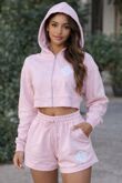 Pink Cropped Zipped Embroidered Hoodie And Short Co-Ords Set