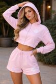 Pink Cropped Zipped Embroidered Hoodie And Short Co-Ords Set